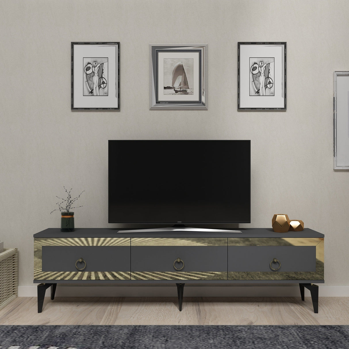 Comodă TV Ponny, Diverse culori - Antracit - Auriu | SKU: 475OLV2718 | Comodă TV Ponny, varianta Antracit - Auriu, produs pentru amenajarea locuinței, disponibil online în România la CasaMob