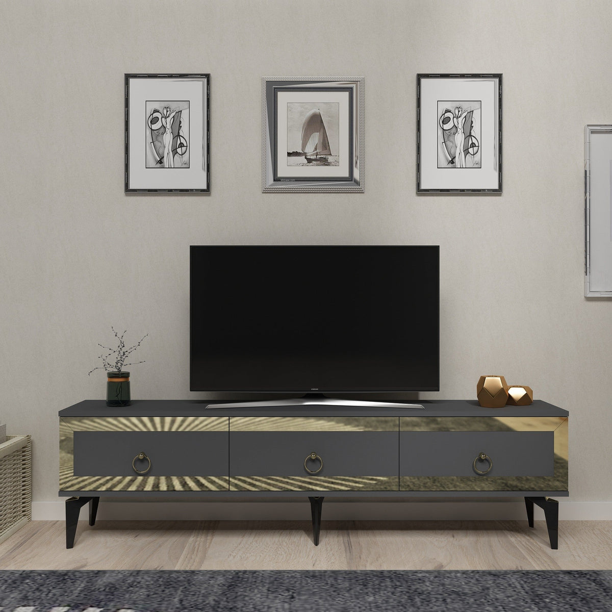 Antracit - Auriu | SKU: 475OLV2718 | Comodă TV Ponny, varianta Antracit - Auriu, produs pentru amenajarea locuinței, disponibil online în România la CasaMob