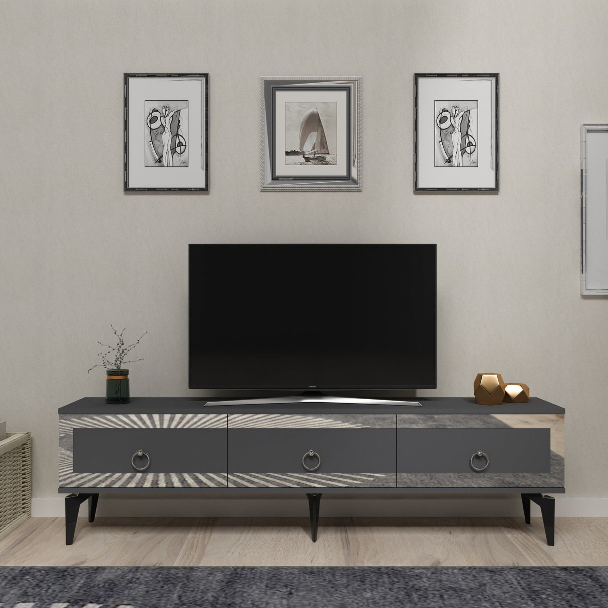 Comodă TV Ponny, Diverse culori - Antracit - Argintiu | SKU: 475OLV2719 | Comodă TV Ponny, varianta Antracit - Argintiu, produs pentru amenajarea locuinței, disponibil online în România la CasaMob