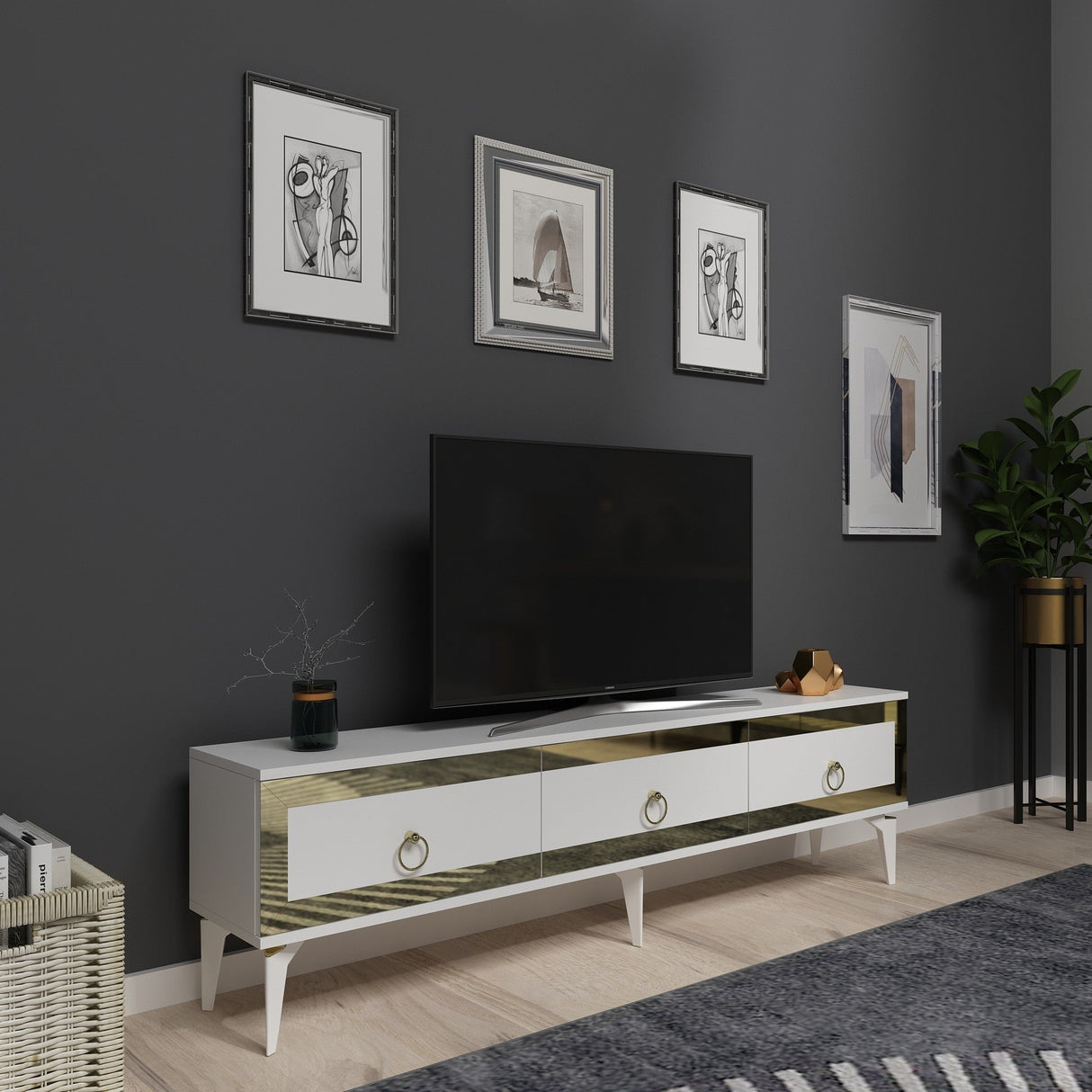 Comodă TV Ponny, Diverse culori - Alb - Auriu | SKU: 475OLV2720 | Comodă TV Ponny, varianta Alb - Auriu, produs pentru amenajarea locuinței, disponibil online în România la CasaMob