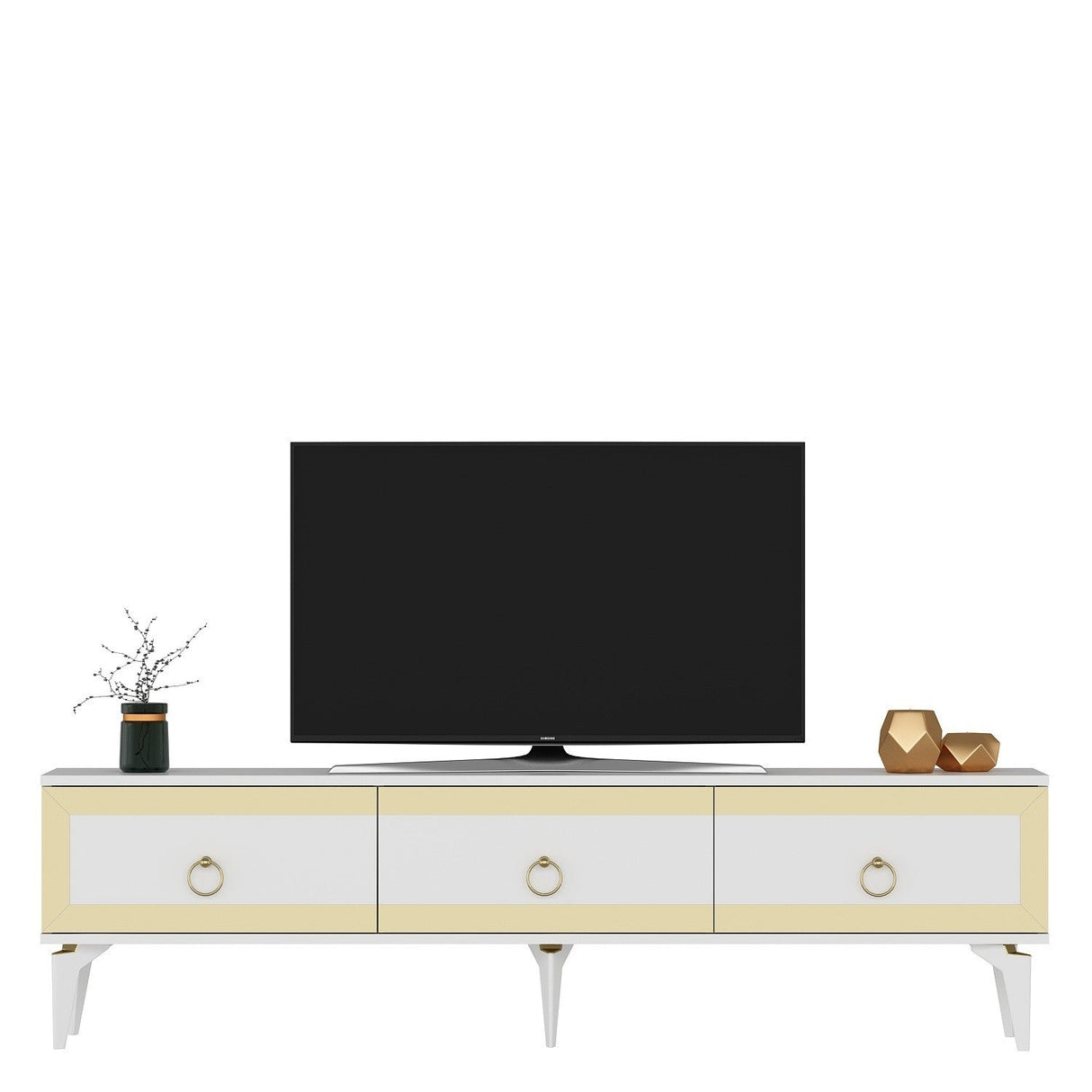 Comodă TV Ponny, Diverse culori - Alb - Auriu | SKU: 475OLV2720 | Comodă TV Ponny, varianta Alb - Auriu, produs pentru amenajarea locuinței, disponibil online în România la CasaMob