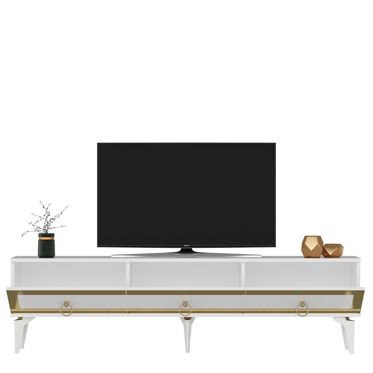 Comodă TV Ponny, Diverse culori - Alb - Auriu | SKU: 475OLV2720 | Comodă TV Ponny, varianta Alb - Auriu, produs pentru amenajarea locuinței, disponibil online în România la CasaMob