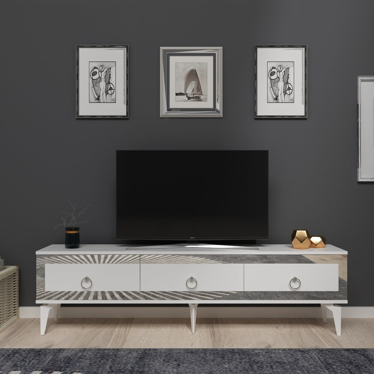 Alb - Argintiu | SKU: 475OLV2721 | Comodă TV Ponny, varianta Alb - Argintiu, produs pentru amenajarea locuinței, disponibil online în România la CasaMob