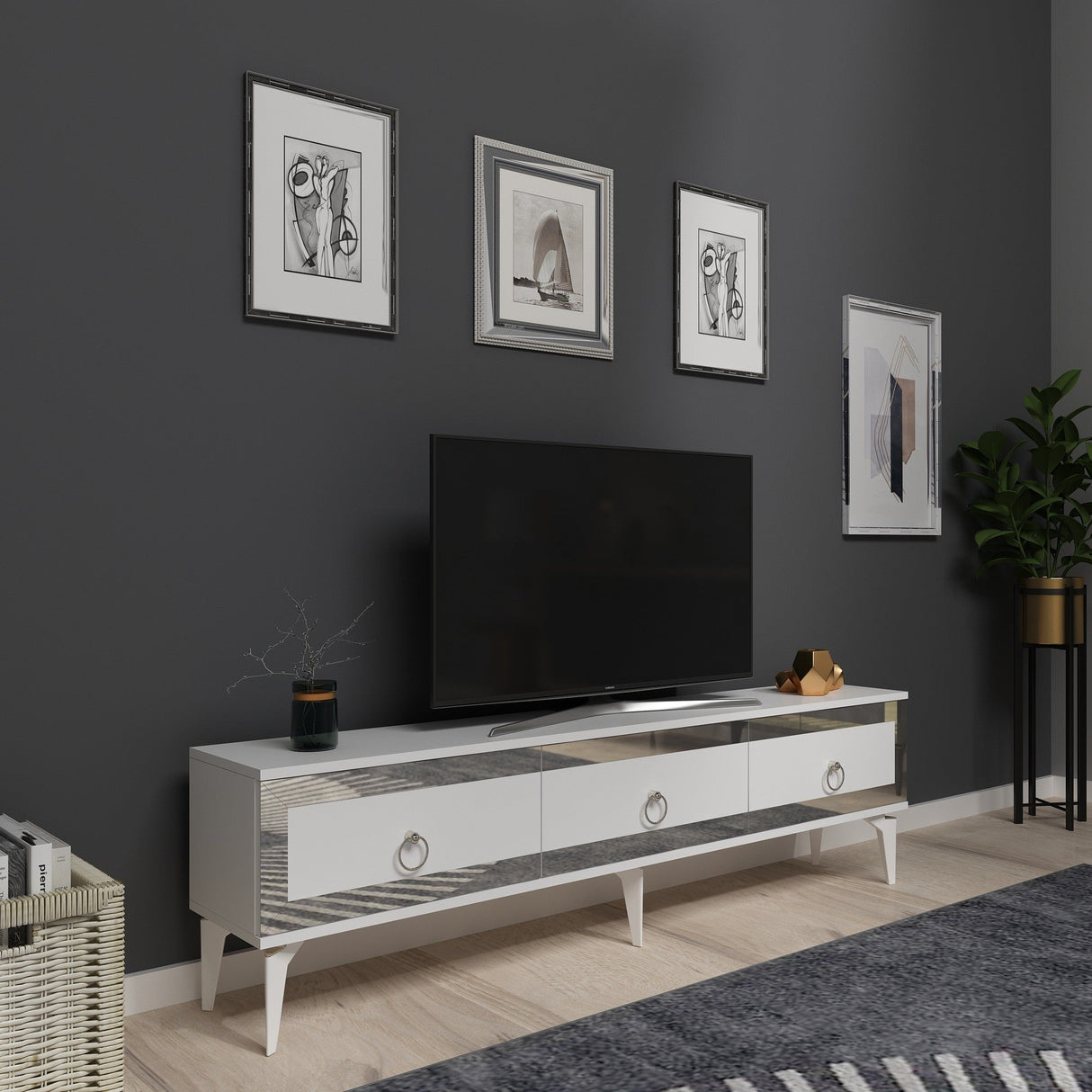 Comodă TV Ponny, Diverse culori - Alb - Argintiu | SKU: 475OLV2721 | Comodă TV Ponny, varianta Alb - Argintiu, produs pentru amenajarea locuinței, disponibil online în România la CasaMob