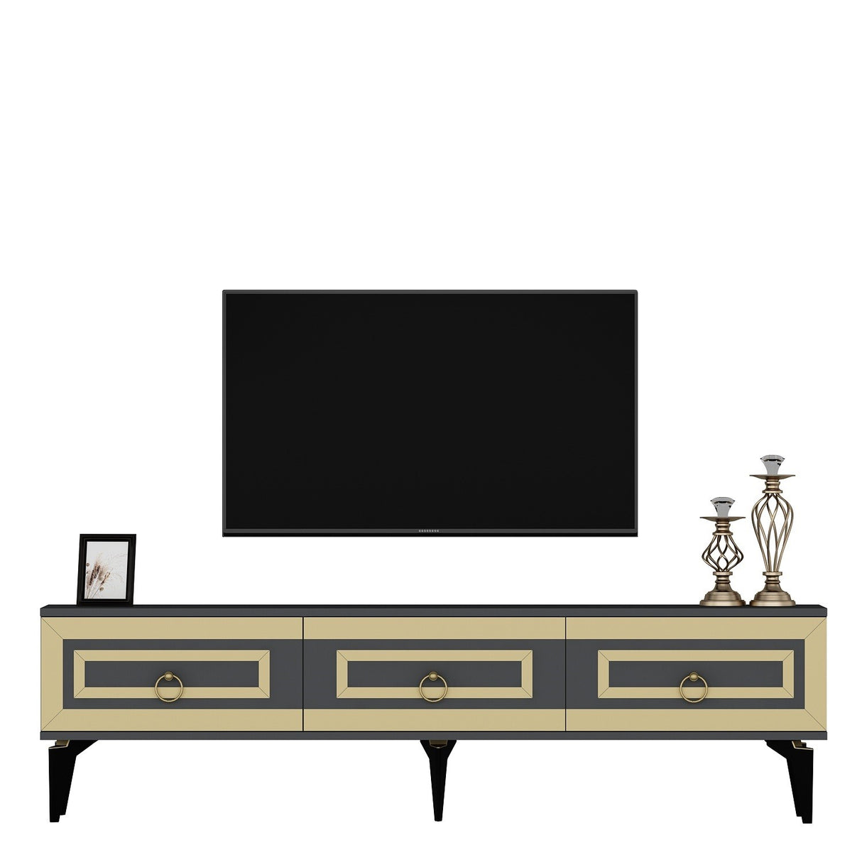 Comodă TV Karya, Diverse culori - Antracit - Auriu | SKU: 475OLV2722 | Comodă TV Karya, varianta Antracit - Auriu, produs pentru amenajarea locuinței, disponibil online în România la CasaMob