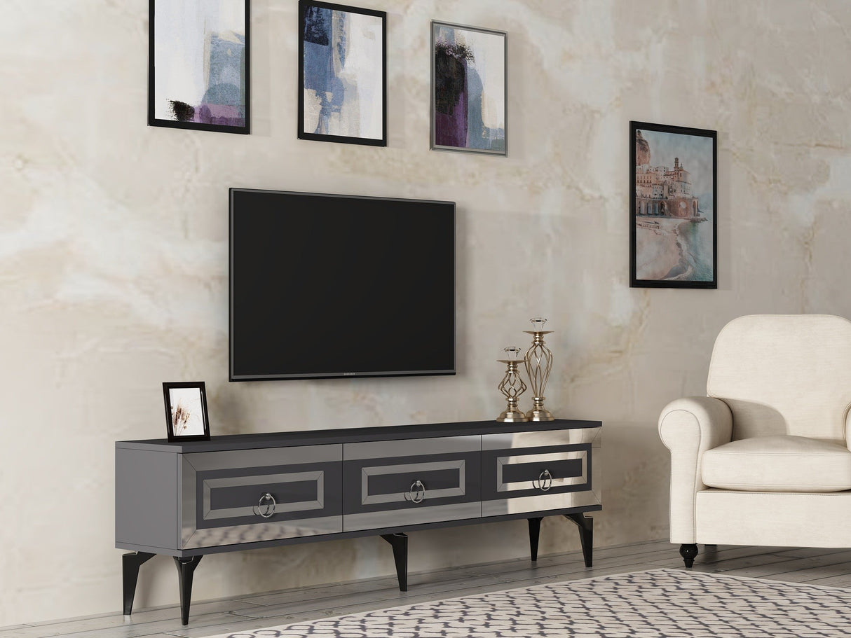 Comodă TV Karya, Diverse culori - Antracit - Argintiu | SKU: 475OLV2723 | Comodă TV Karya, varianta Antracit - Argintiu, produs pentru amenajarea locuinței, disponibil online în România la CasaMob