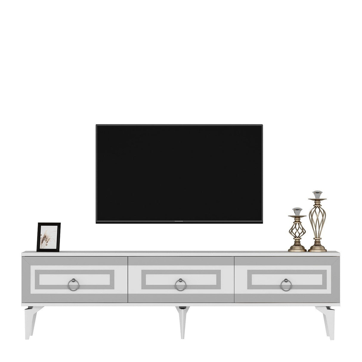 Comodă TV Karya, Diverse culori - Alb - Argintiu | SKU: 475OLV2725 | Comodă TV Karya, varianta Alb - Argintiu, produs pentru amenajarea locuinței, disponibil online în România la CasaMob