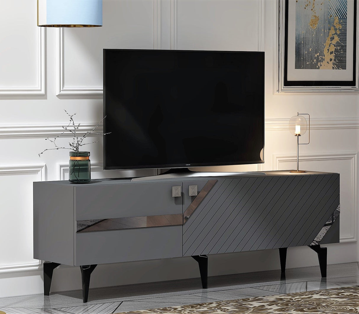 Comodă TV Iris, Diverse culori - Antracit - Argintiu | SKU: 475OLV2727 | Comodă TV Iris, varianta Antracit - Argintiu, produs pentru amenajarea locuinței, disponibil online în România la CasaMob