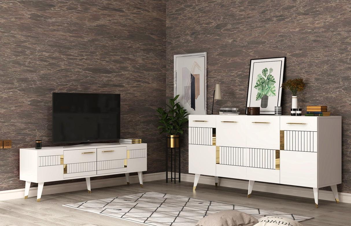 Set mobilă pentru sufragerie Moda, Diverse culori - Alb - Auriu | SKU: 475OLV2791 | Set mobilă pentru sufragerie Moda, varianta Alb - Auriu, produs pentru amenajarea locuinței, disponibil online în România la CasaMob