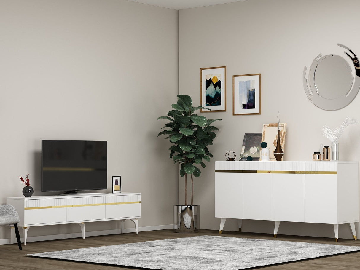 Set mobilă pentru sufragerie Defne, Diverse culori - Alb - Auriu | SKU: 475OLV2799 | Set mobilă pentru sufragerie Defne, varianta Alb - Auriu, produs pentru amenajarea locuinței, disponibil online în România la CasaMob