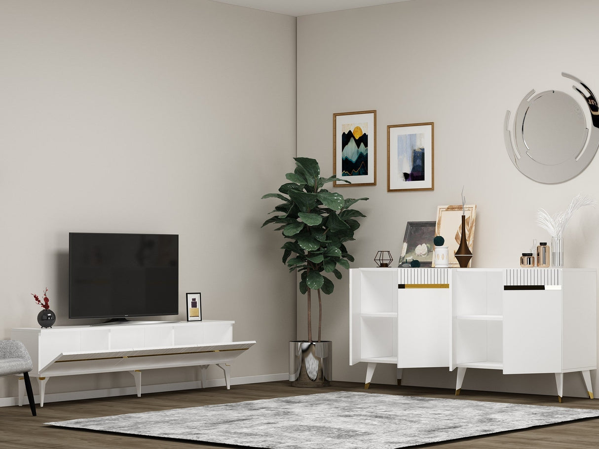 Set mobilă pentru sufragerie Defne, Diverse culori - Alb - Auriu | SKU: 475OLV2799 | Set mobilă pentru sufragerie Defne, varianta Alb - Auriu, produs pentru amenajarea locuinței, disponibil online în România la CasaMob