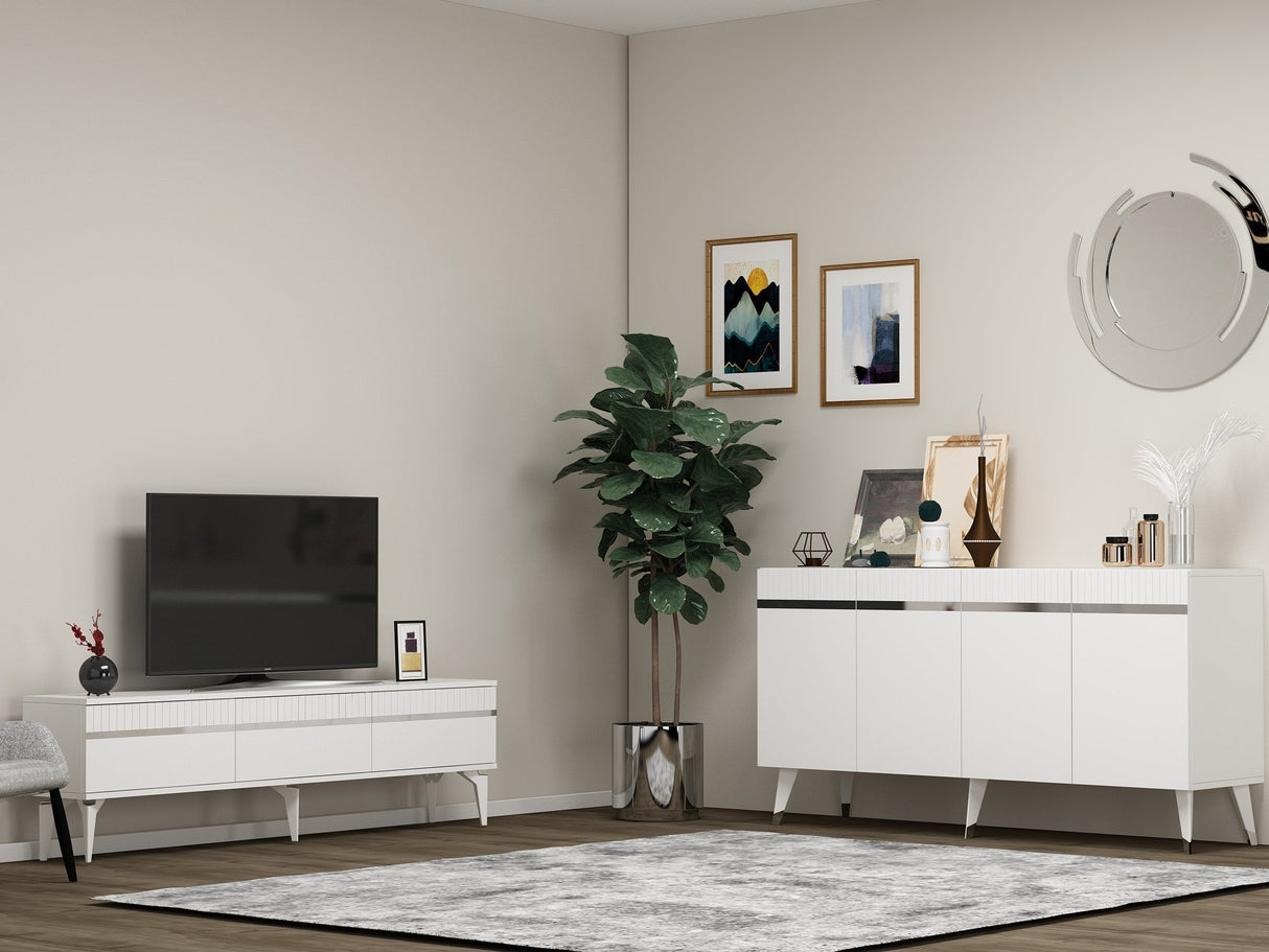 Set mobilă pentru sufragerie Defne, Diverse culori - Alb - Argintiu | SKU: 475OLV2800 | Set mobilă pentru sufragerie Defne, varianta Alb - Argintiu, produs pentru amenajarea locuinței, disponibil online în România la CasaMob