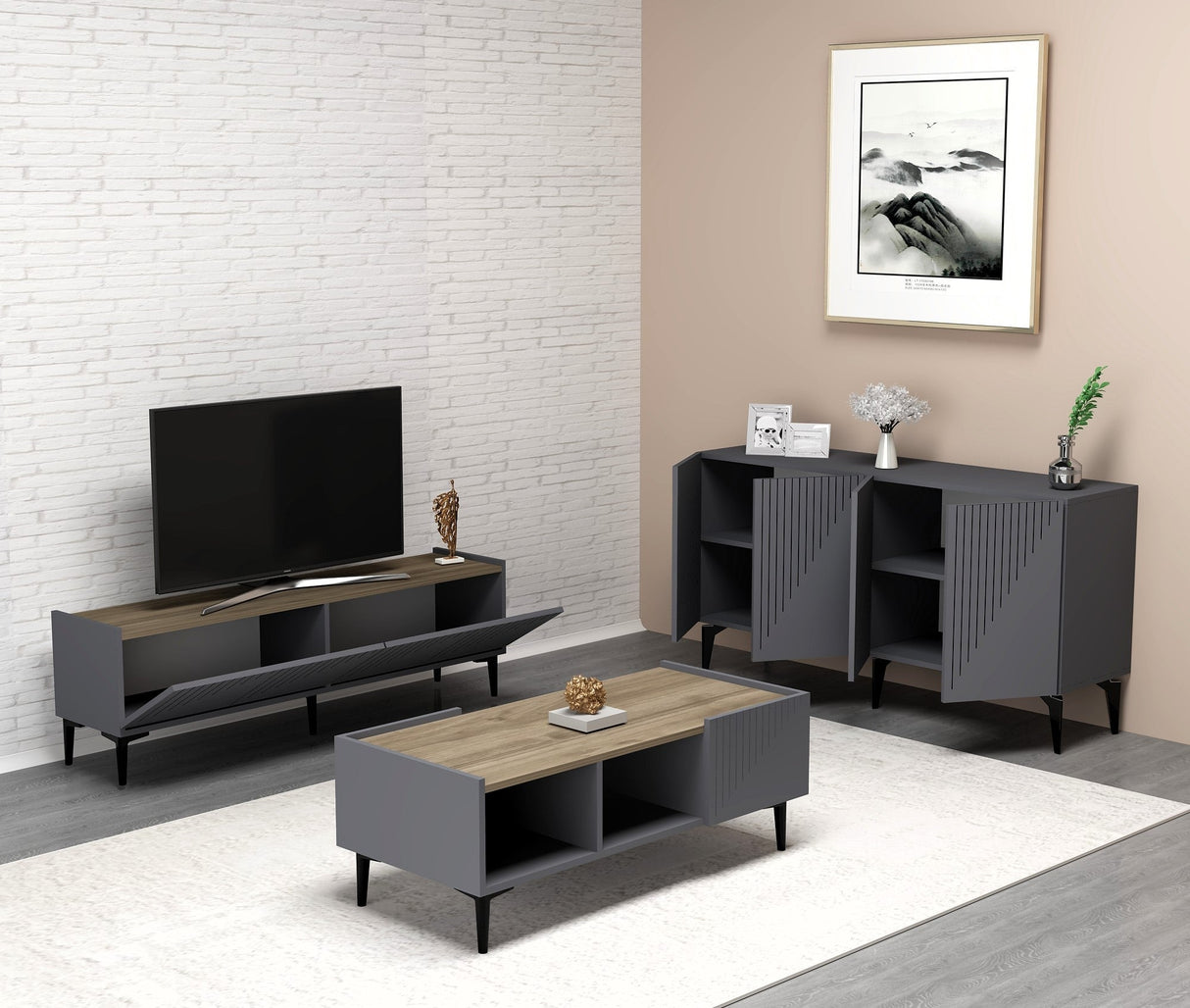 Set mobilă pentru sufragerie Draw, Diverse culori - Antracit - Nuc | SKU: 475OLV2801 | Set mobilă pentru sufragerie Draw, varianta Antracit - Nuc, produs pentru amenajarea locuinței, disponibil online în România la CasaMob