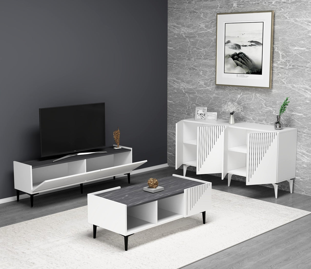 Set mobilă pentru sufragerie Draw, Diverse culori - Alb - Negru | SKU: 475OLV2802 | Set mobilă pentru sufragerie Draw, varianta Alb - Negru, produs pentru amenajarea locuinței, disponibil online în România la CasaMob