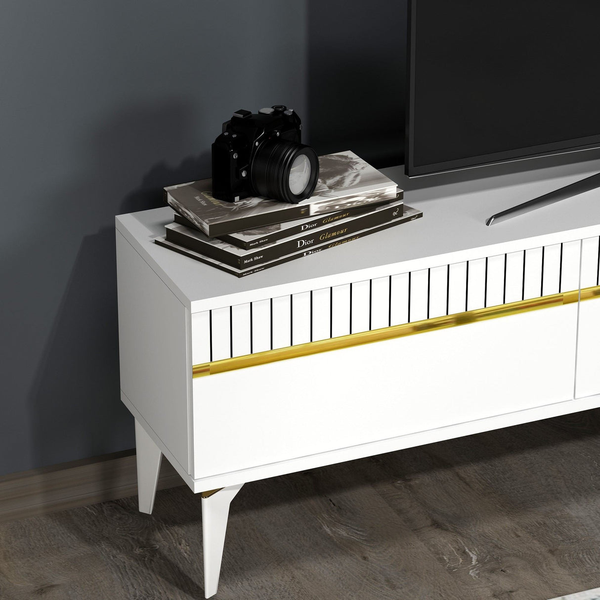 Comodă TV Defne, Diverse culori, 180x30x45 cm - Alb - Auriu | SKU: 475OLV2903 | Comodă TV Defne, 180x30x45 cm, varianta Alb - Auriu, produs pentru amenajarea locuinței, disponibil online în România la CasaMob