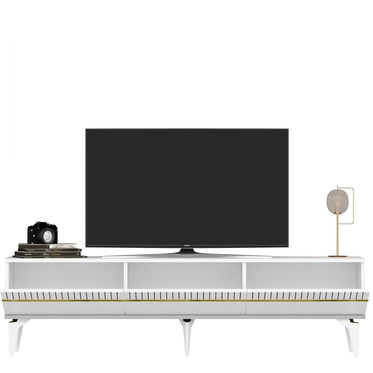Comodă TV Defne, Diverse culori, 180x30x45 cm - Alb - Auriu | SKU: 475OLV2903 | Comodă TV Defne, 180x30x45 cm, varianta Alb - Auriu, produs pentru amenajarea locuinței, disponibil online în România la CasaMob