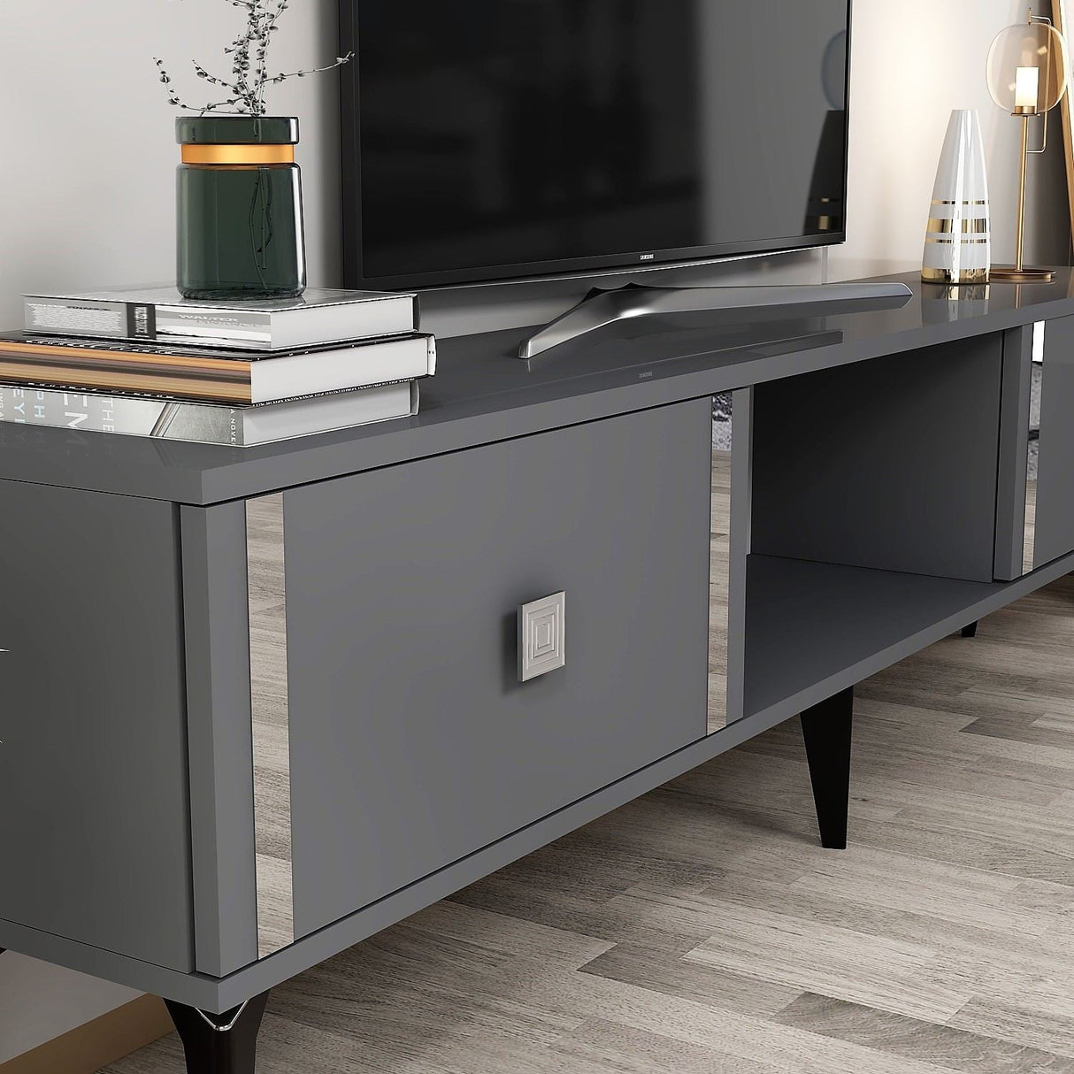 Comodă TV Doruk, Diverse culori, 150x30x45 cm - Antracit - Argintiu | SKU: 475OLV2930 | Comodă TV Doruk, 150x30x45 cm, varianta Antracit - Argintiu, produs pentru amenajarea locuinței, disponibil online în România la CasaMob