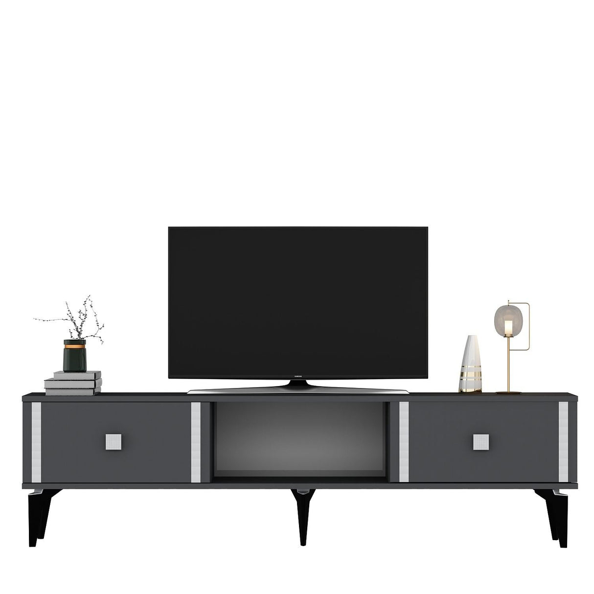 Comodă TV Doruk, Diverse culori, 150x30x45 cm - Antracit - Argintiu | SKU: 475OLV2930 | Comodă TV Doruk, 150x30x45 cm, varianta Antracit - Argintiu, produs pentru amenajarea locuinței, disponibil online în România la CasaMob