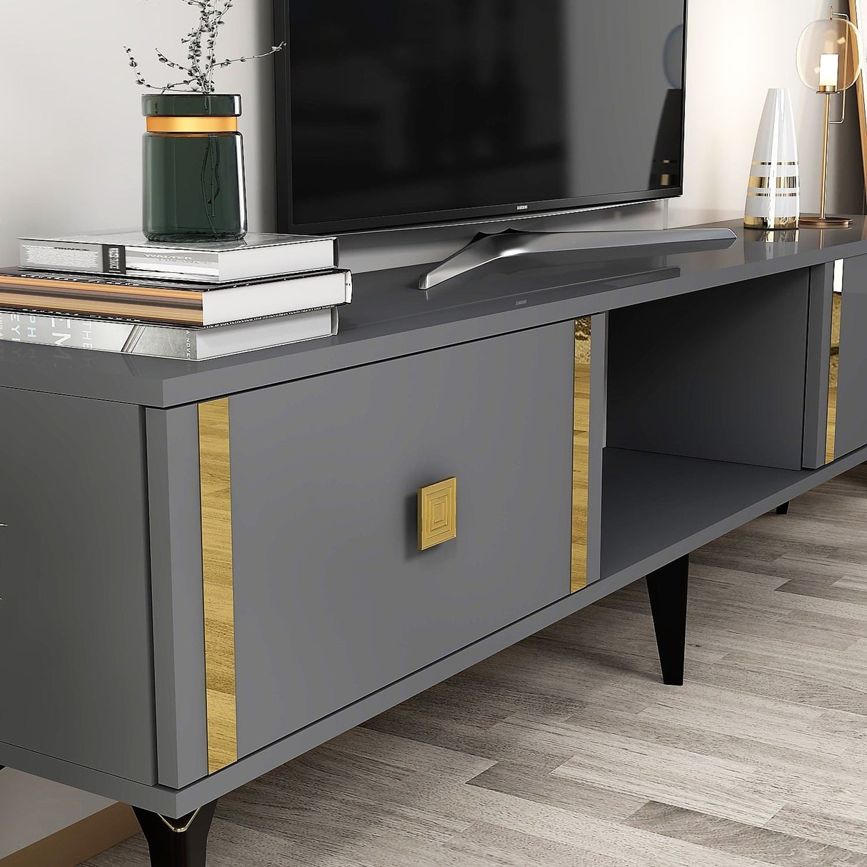 Comodă TV Doruk, Diverse culori, 150x30x45 cm - Antracit - Auriu | SKU: 475OLV2931 | Comodă TV Doruk, 150x30x45 cm, varianta Antracit - Auriu, produs pentru amenajarea locuinței, disponibil online în România la CasaMob