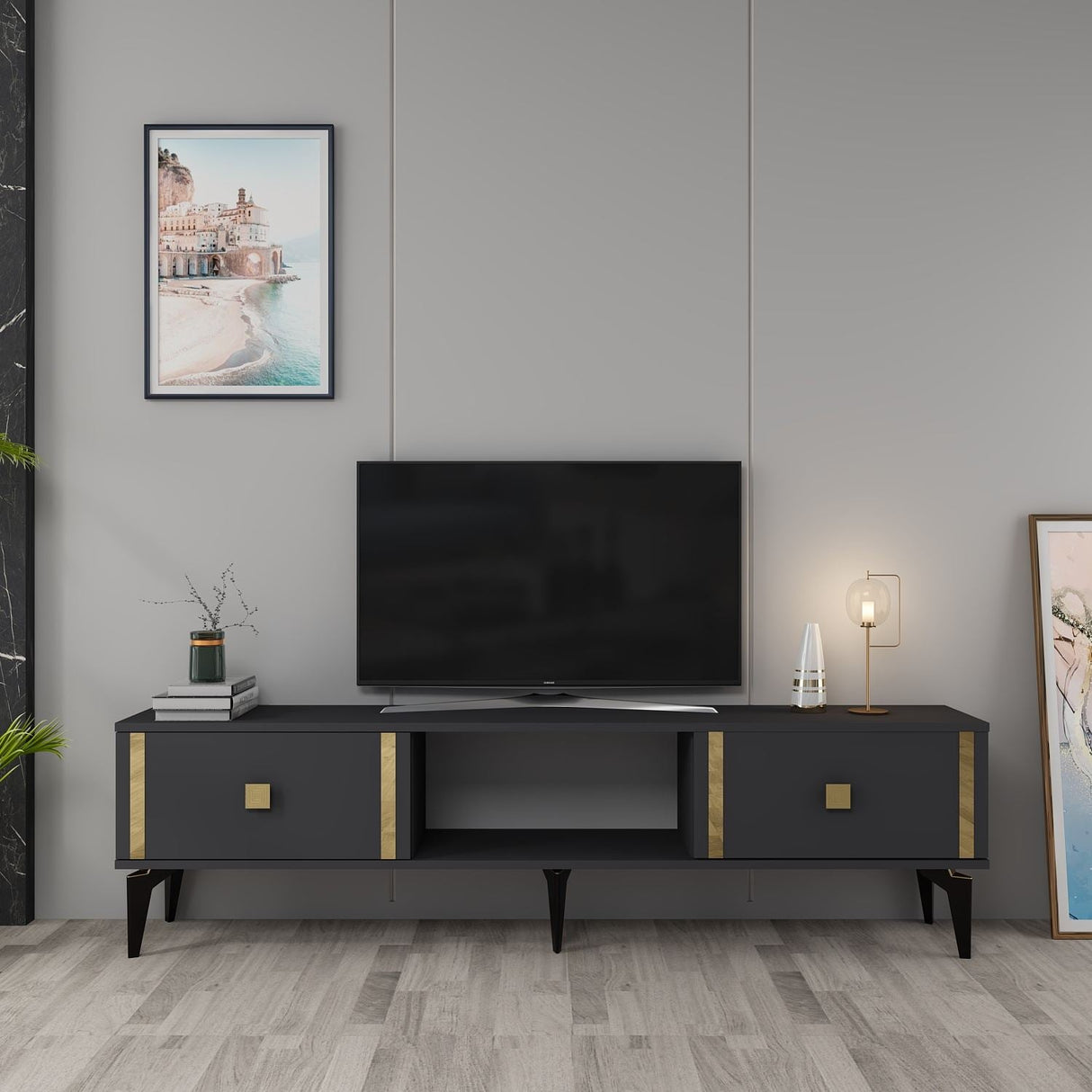 Comodă TV Doruk, Diverse culori, 150x30x45 cm - Antracit - Auriu | SKU: 475OLV2931 | Comodă TV Doruk, 150x30x45 cm, varianta Antracit - Auriu, produs pentru amenajarea locuinței, disponibil online în România la CasaMob