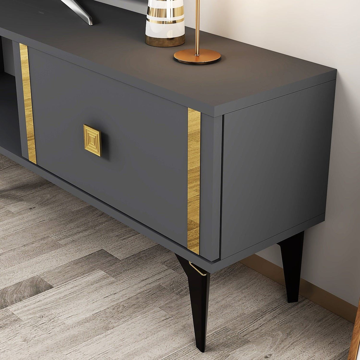 Comodă TV Doruk, Diverse culori, 150x30x45 cm - Antracit - Auriu | SKU: 475OLV2931 | Comodă TV Doruk, 150x30x45 cm, varianta Antracit - Auriu, produs pentru amenajarea locuinței, disponibil online în România la CasaMob