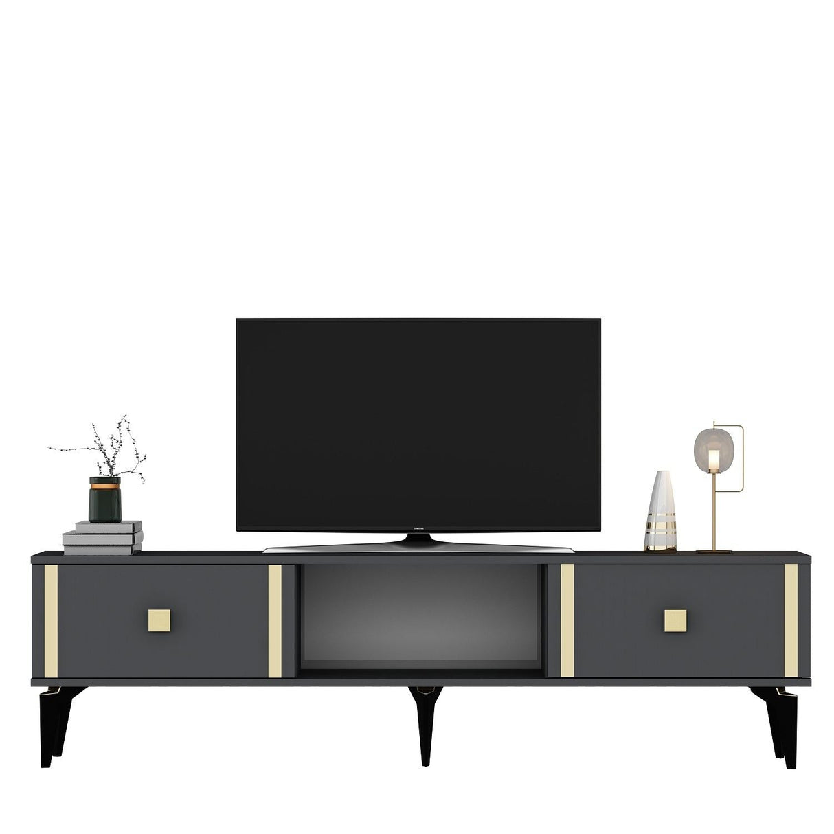 Comodă TV Doruk, Diverse culori, 150x30x45 cm - Antracit - Auriu | SKU: 475OLV2931 | Comodă TV Doruk, 150x30x45 cm, varianta Antracit - Auriu, produs pentru amenajarea locuinței, disponibil online în România la CasaMob