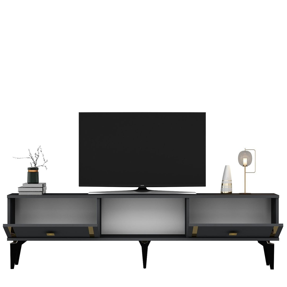 Comodă TV Doruk, Diverse culori, 150x30x45 cm - Antracit - Auriu | SKU: 475OLV2931 | Comodă TV Doruk, 150x30x45 cm, varianta Antracit - Auriu, produs pentru amenajarea locuinței, disponibil online în România la CasaMob