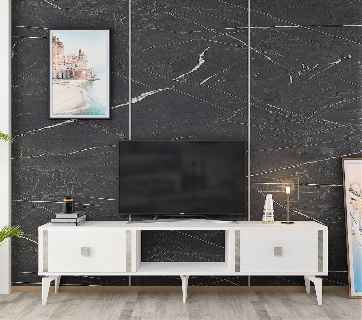 Comodă TV Doruk, Diverse culori, 150x30x45 cm - Alb - Argintiu | SKU: 475OLV2932 | Comodă TV Doruk, 150x30x45 cm, varianta Alb - Argintiu, produs pentru amenajarea locuinței, disponibil online în România la CasaMob