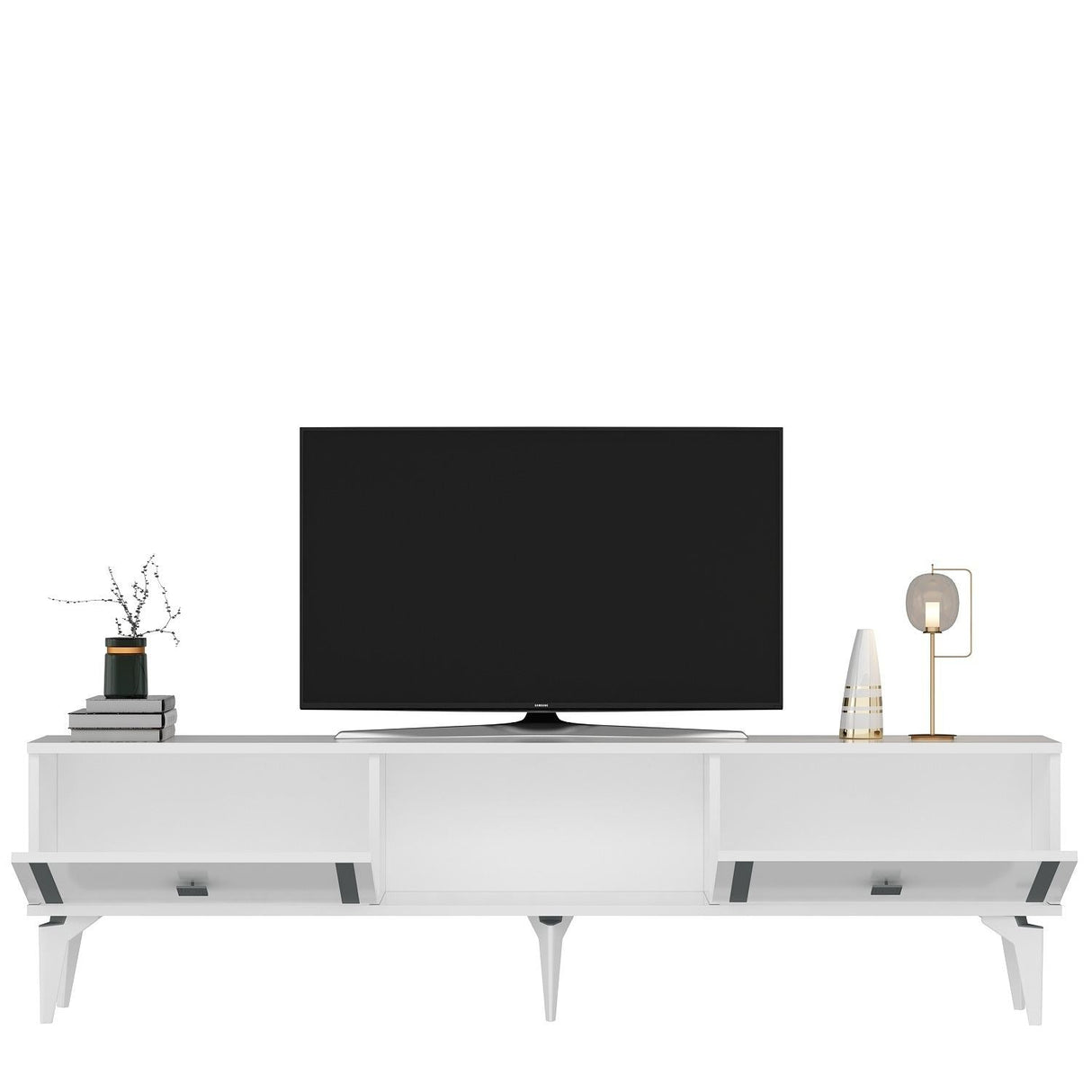 Comodă TV Doruk, Diverse culori, 150x30x45 cm - Alb - Argintiu | SKU: 475OLV2932 | Comodă TV Doruk, 150x30x45 cm, varianta Alb - Argintiu, produs pentru amenajarea locuinței, disponibil online în România la CasaMob