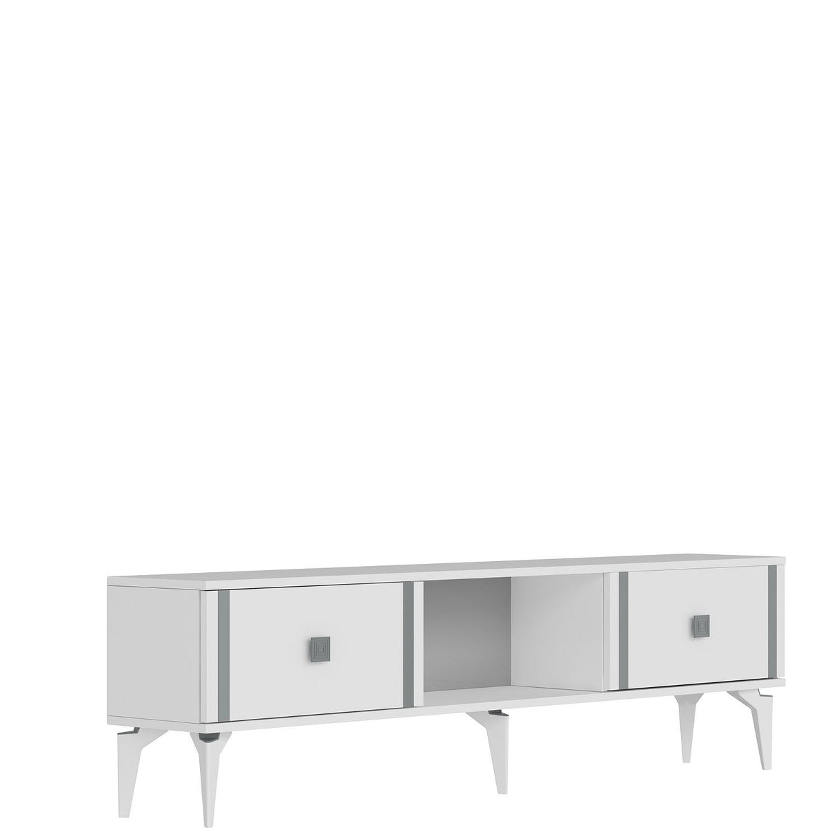 Comodă TV Doruk, Diverse culori, 150x30x45 cm - Alb - Argintiu | SKU: 475OLV2932 | Comodă TV Doruk, 150x30x45 cm, varianta Alb - Argintiu, produs pentru amenajarea locuinței, disponibil online în România la CasaMob
