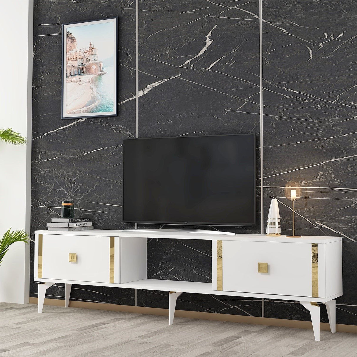 Comodă TV Doruk, Diverse culori, 150x30x45 cm - Alb - Auriu | SKU: 475OLV2933 | Comodă TV Doruk, 150x30x45 cm, varianta Alb - Auriu, produs pentru amenajarea locuinței, disponibil online în România la CasaMob