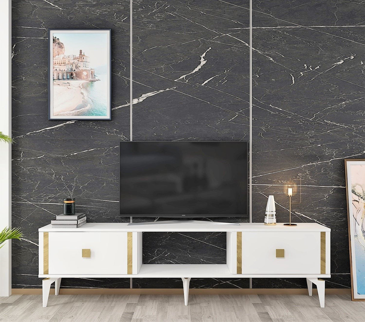Comodă TV Doruk, Diverse culori, 150x30x45 cm - Alb - Auriu | SKU: 475OLV2933 | Comodă TV Doruk, 150x30x45 cm, varianta Alb - Auriu, produs pentru amenajarea locuinței, disponibil online în România la CasaMob