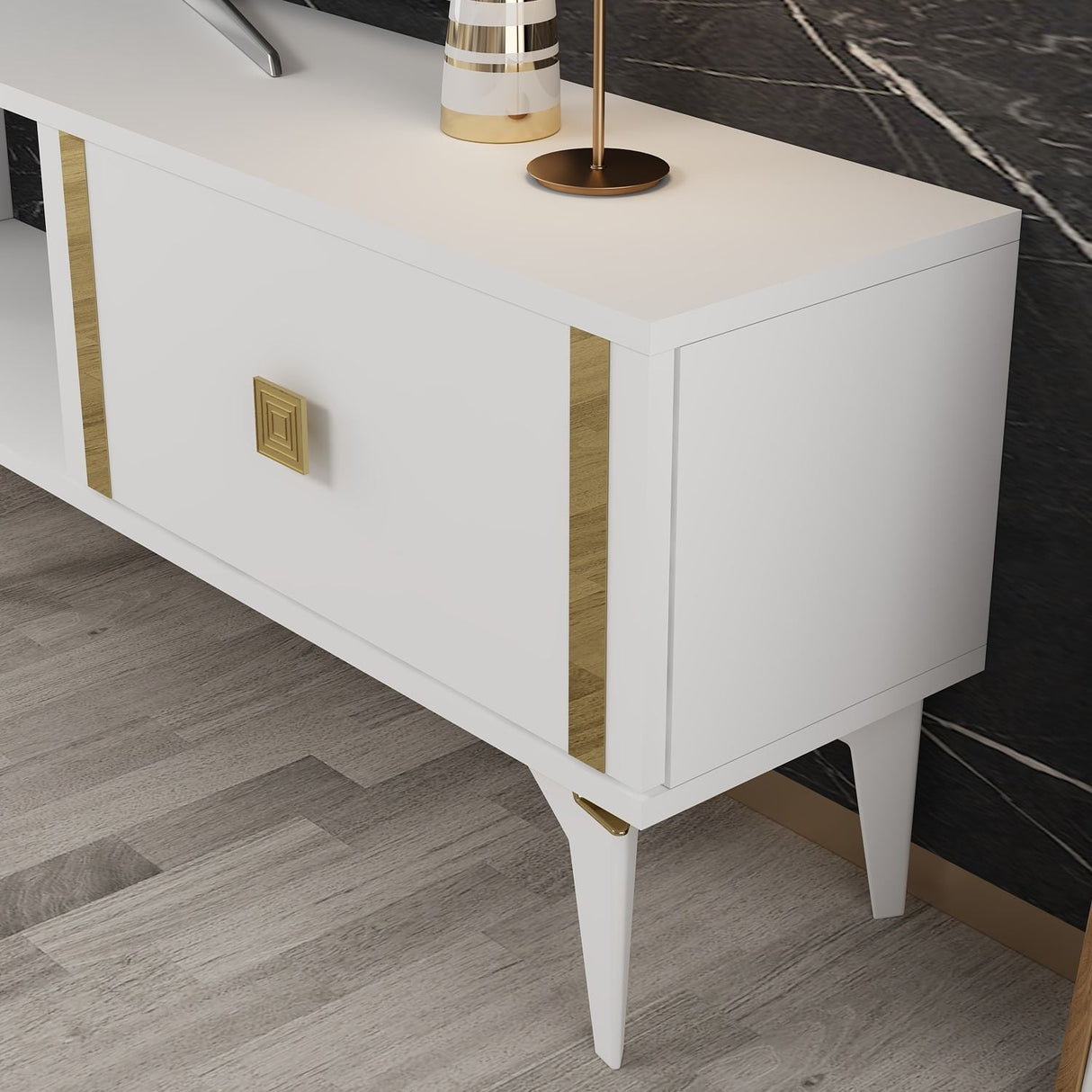 Comodă TV Doruk, Diverse culori, 150x30x45 cm - Alb - Auriu | SKU: 475OLV2933 | Comodă TV Doruk, 150x30x45 cm, varianta Alb - Auriu, produs pentru amenajarea locuinței, disponibil online în România la CasaMob