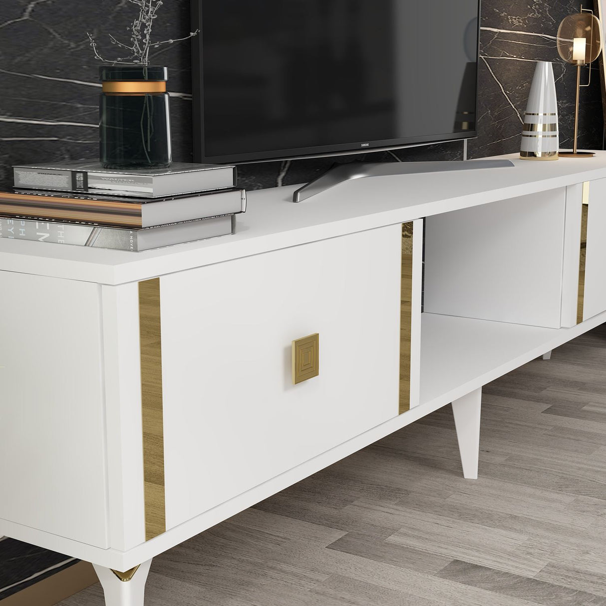 Comodă TV Doruk, Diverse culori, 150x30x45 cm - Alb - Auriu | SKU: 475OLV2933 | Comodă TV Doruk, 150x30x45 cm, varianta Alb - Auriu, produs pentru amenajarea locuinței, disponibil online în România la CasaMob