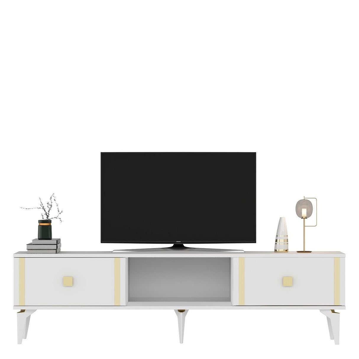 Comodă TV Doruk, Diverse culori, 150x30x45 cm - Alb - Auriu | SKU: 475OLV2933 | Comodă TV Doruk, 150x30x45 cm, varianta Alb - Auriu, produs pentru amenajarea locuinței, disponibil online în România la CasaMob
