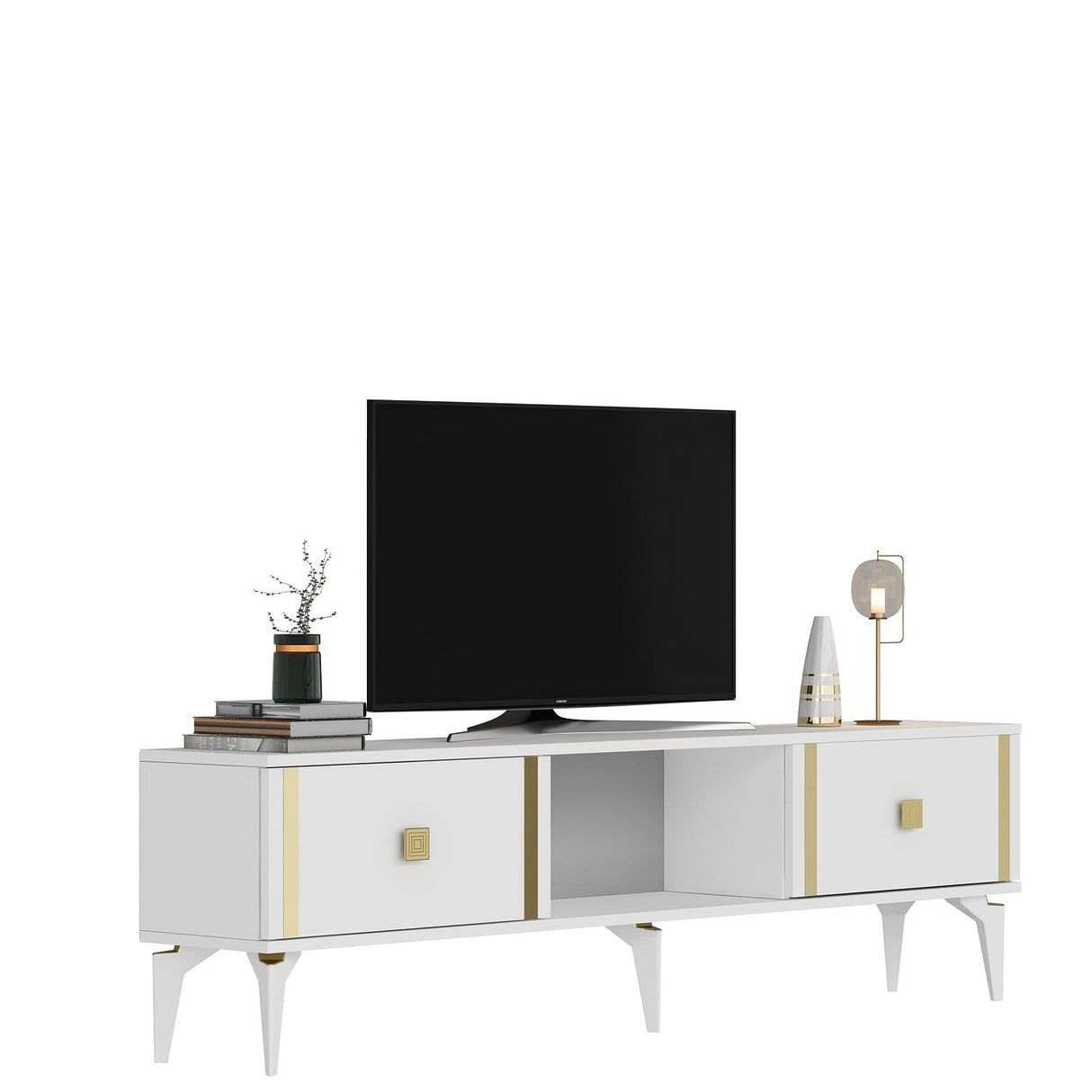 Comodă TV Doruk, Diverse culori, 150x30x45 cm - Alb - Auriu | SKU: 475OLV2933 | Comodă TV Doruk, 150x30x45 cm, varianta Alb - Auriu, produs pentru amenajarea locuinței, disponibil online în România la CasaMob