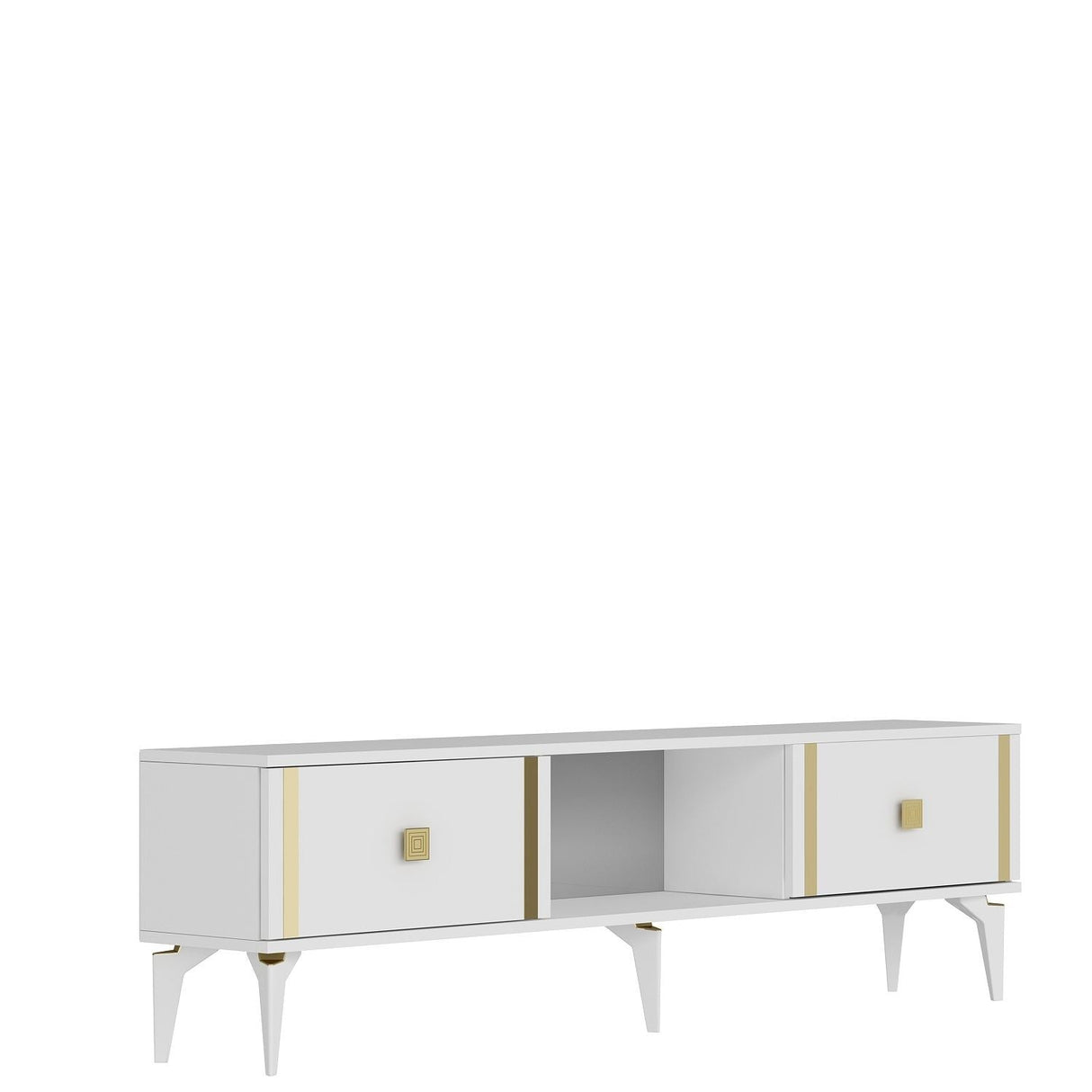 Comodă TV Doruk, Diverse culori, 150x30x45 cm - Alb - Auriu | SKU: 475OLV2933 | Comodă TV Doruk, 150x30x45 cm, varianta Alb - Auriu, produs pentru amenajarea locuinței, disponibil online în România la CasaMob