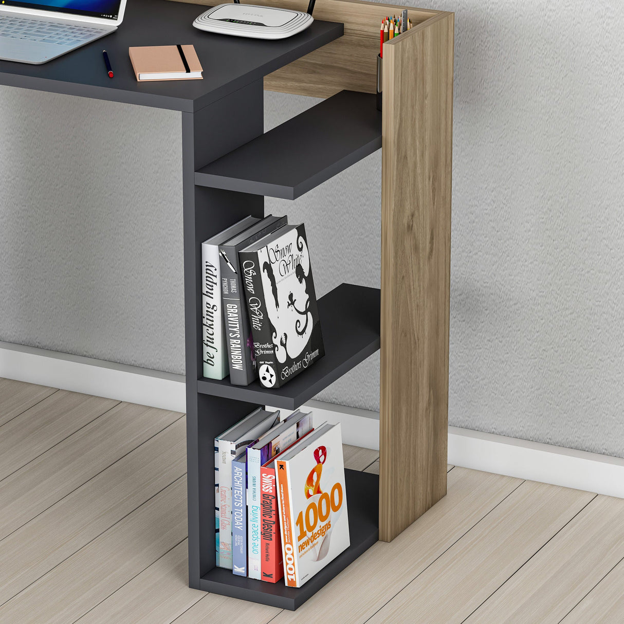 Birou Ruby, Diverse culori, 91x47x75 cm - Antracit - Nuc | SKU: 492LGM1168 | Birou Ruby, 91x47x75 cm, varianta Antracit - Nuc, produs pentru amenajarea locuinței, disponibil online în România la CasaMob