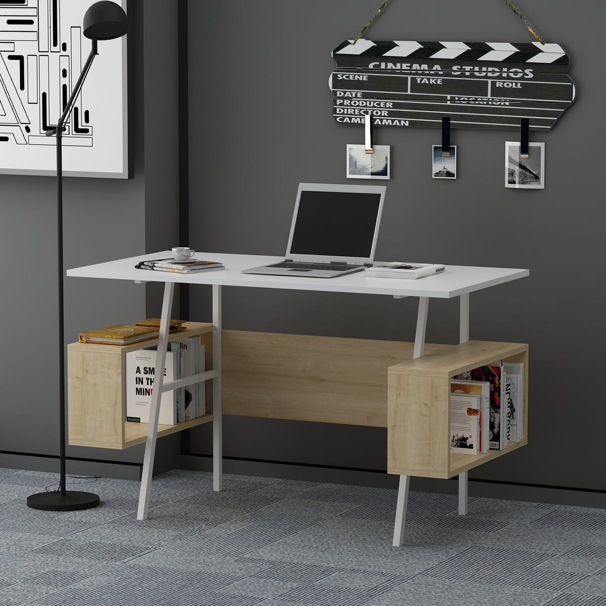 Birou Irony, Diverse culori, 120x60x74 cm - Alb - Stejar | SKU: 492LGM1174 | Birou Irony, 120x60x74 cm, varianta Alb - Stejar, produs pentru amenajarea locuinței, disponibil online în România la CasaMob