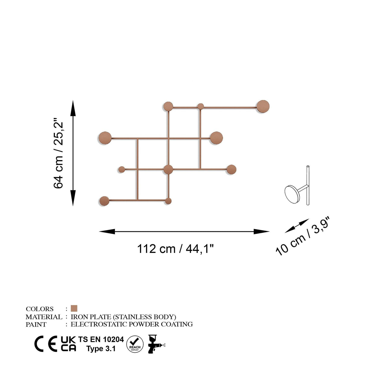Cuier de hol metalic Metal Wall Hook Minimal 2, Cupru, 112x64x10 cm