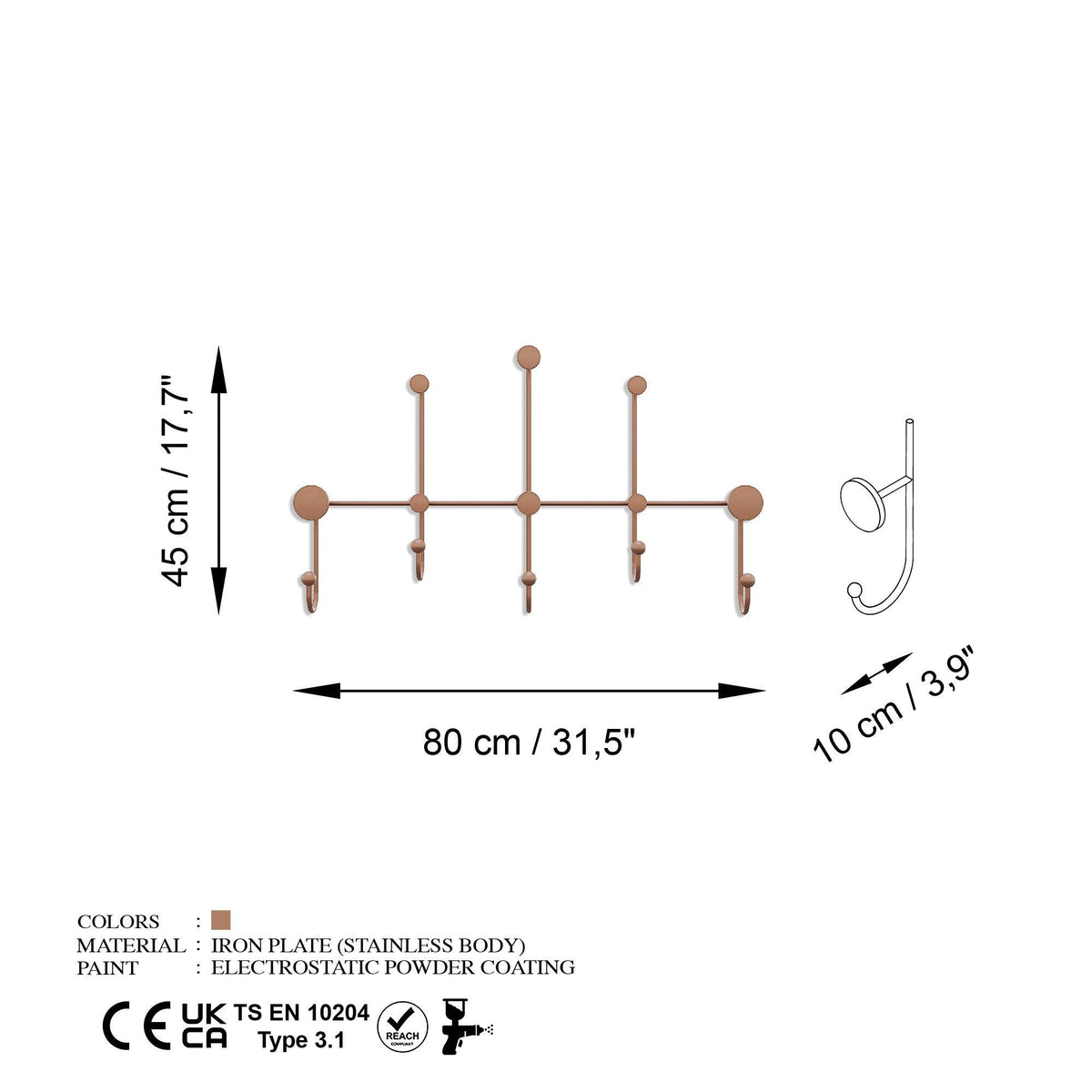 Cuier de hol metalic Metal Wall Hook Antonio 4, Cupru, 80x45x10 cm, SKU 494PYT1140