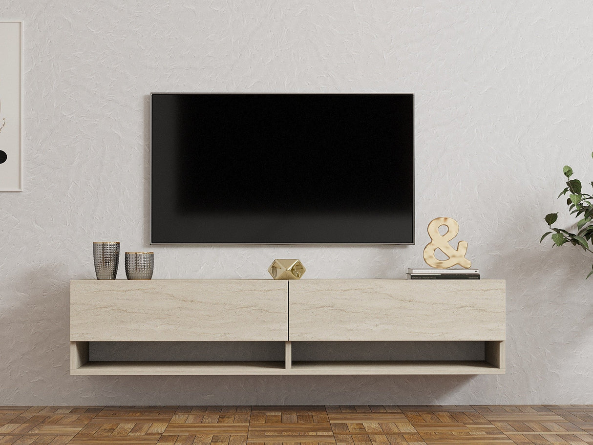 Comodă TV Arges, Diverse culori, 141x30x31 cm - Travertin | SKU: 495SSE1628 | Comodă TV Arges, 141x30x31 cm, varianta Travertin, produs pentru amenajarea locuinței, disponibil online în România la CasaMob