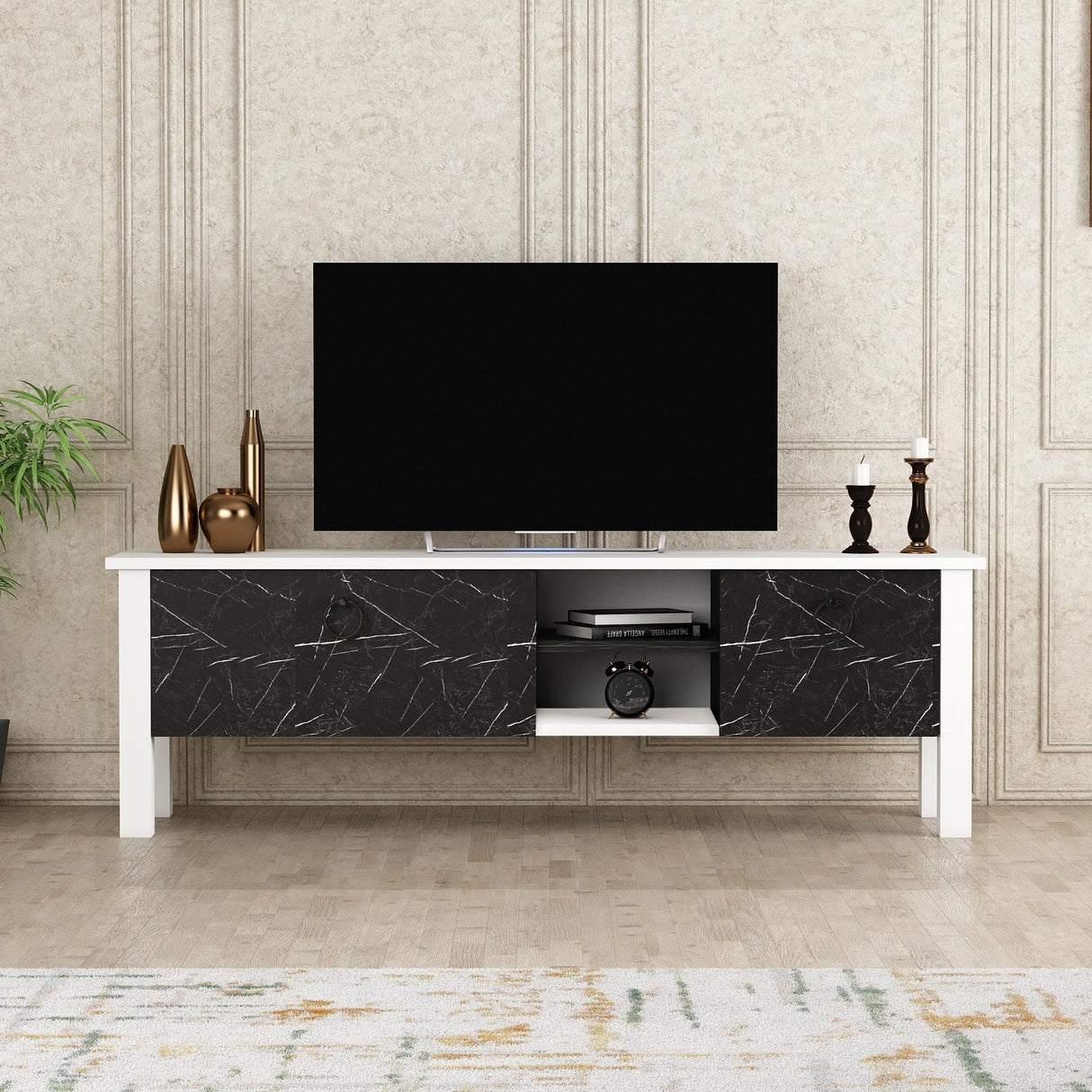 Comodă TV Rose - Marble, Alb - Negru, 140x35x45 cm