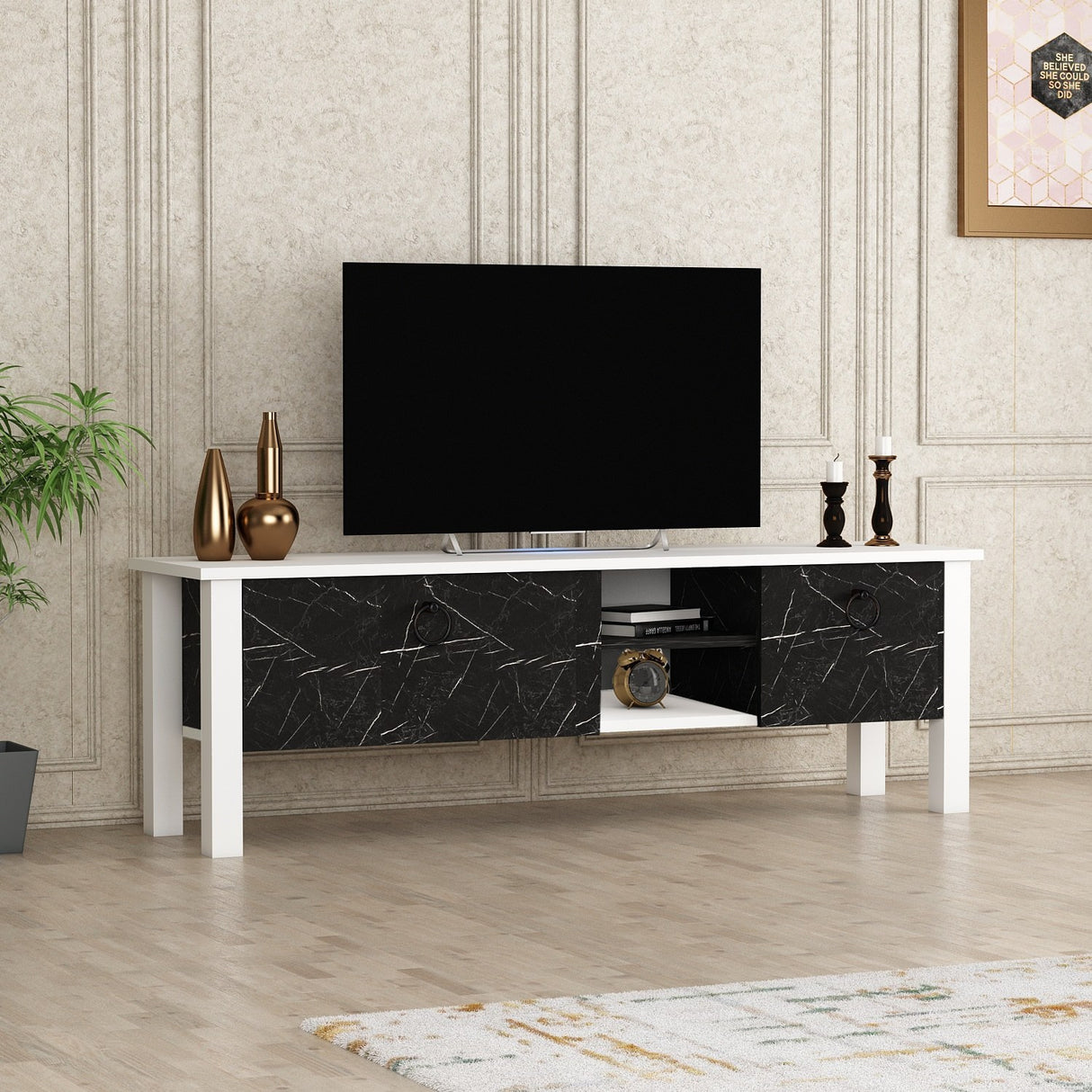 Comodă TV Rose - Marble, Alb - Negru, 140x35x45 cm