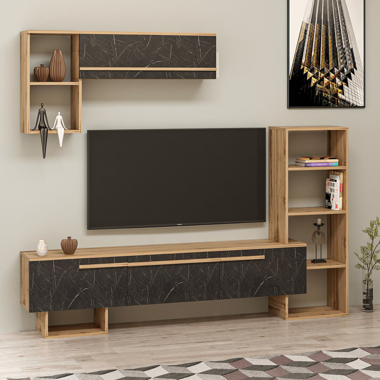 Comodă TV Mega - Ciragan, Royal Marble, Nuc - Negru, 209x28x124 cm