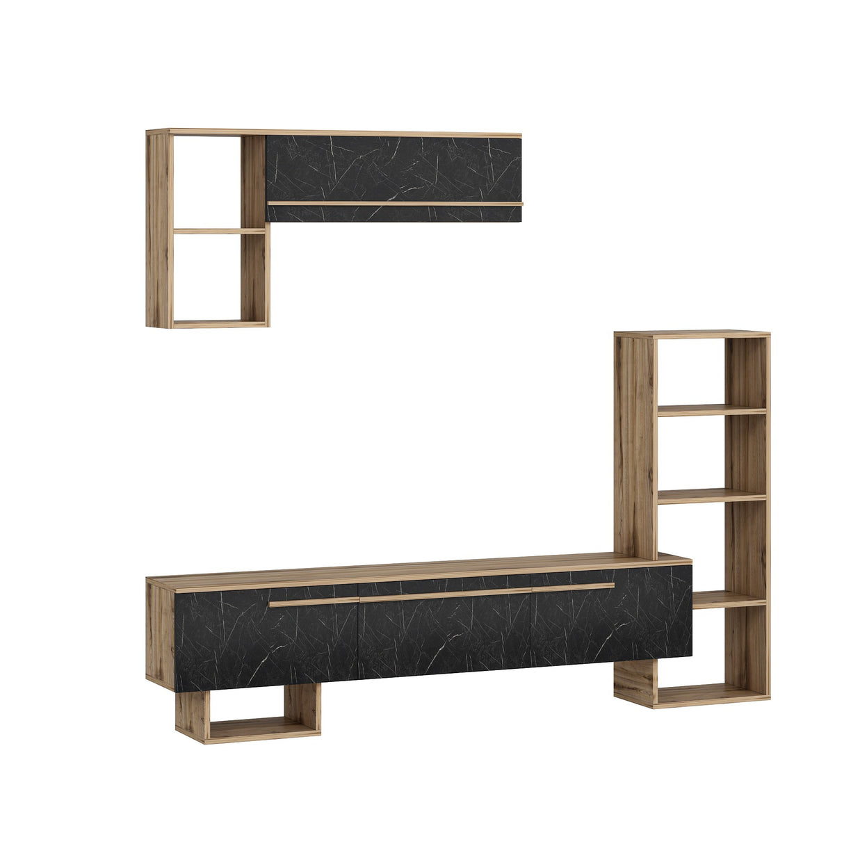 Comodă TV Mega - Ciragan, Royal Marble, Nuc - Negru, 209x28x124 cm