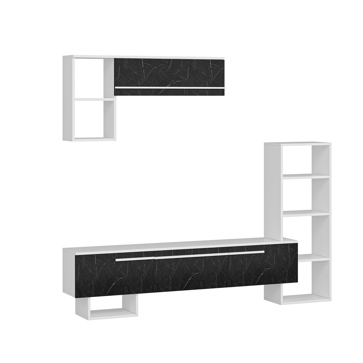 Comodă TV Mega - White, Royal Marble, Alb - Negru, 209x28x124 cm