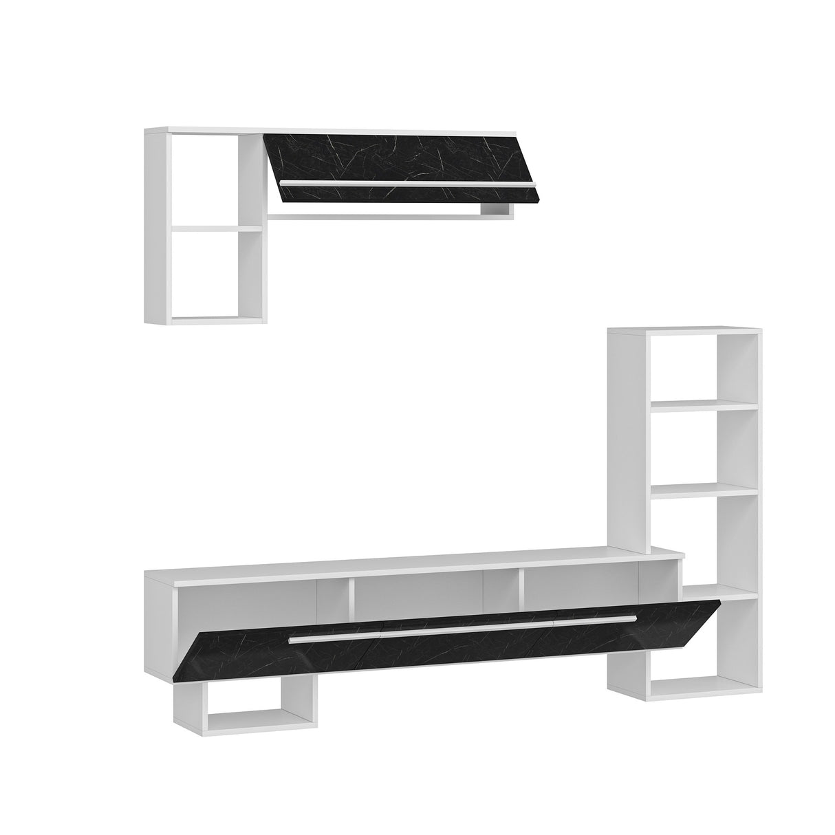 Comodă TV Mega - White, Royal Marble, Alb - Negru, 209x28x124 cm