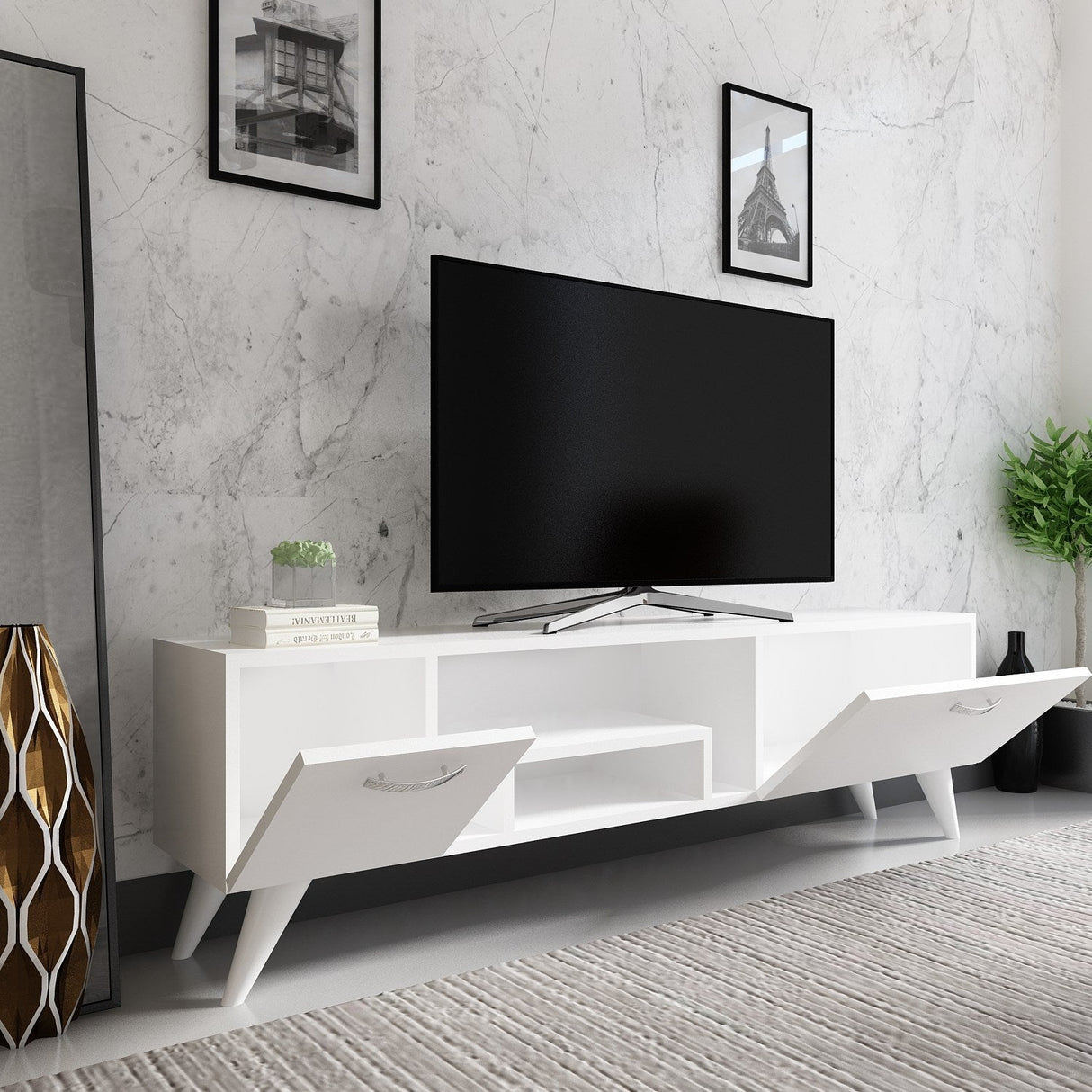 Comodă TV Irma, Diverse culori, 150x30x42 cm - Alb | SKU: 505CRL1710 | Comodă TV Irma, 150x30x42 cm, varianta Alb, produs pentru amenajarea locuinței, disponibil online în România la CasaMob