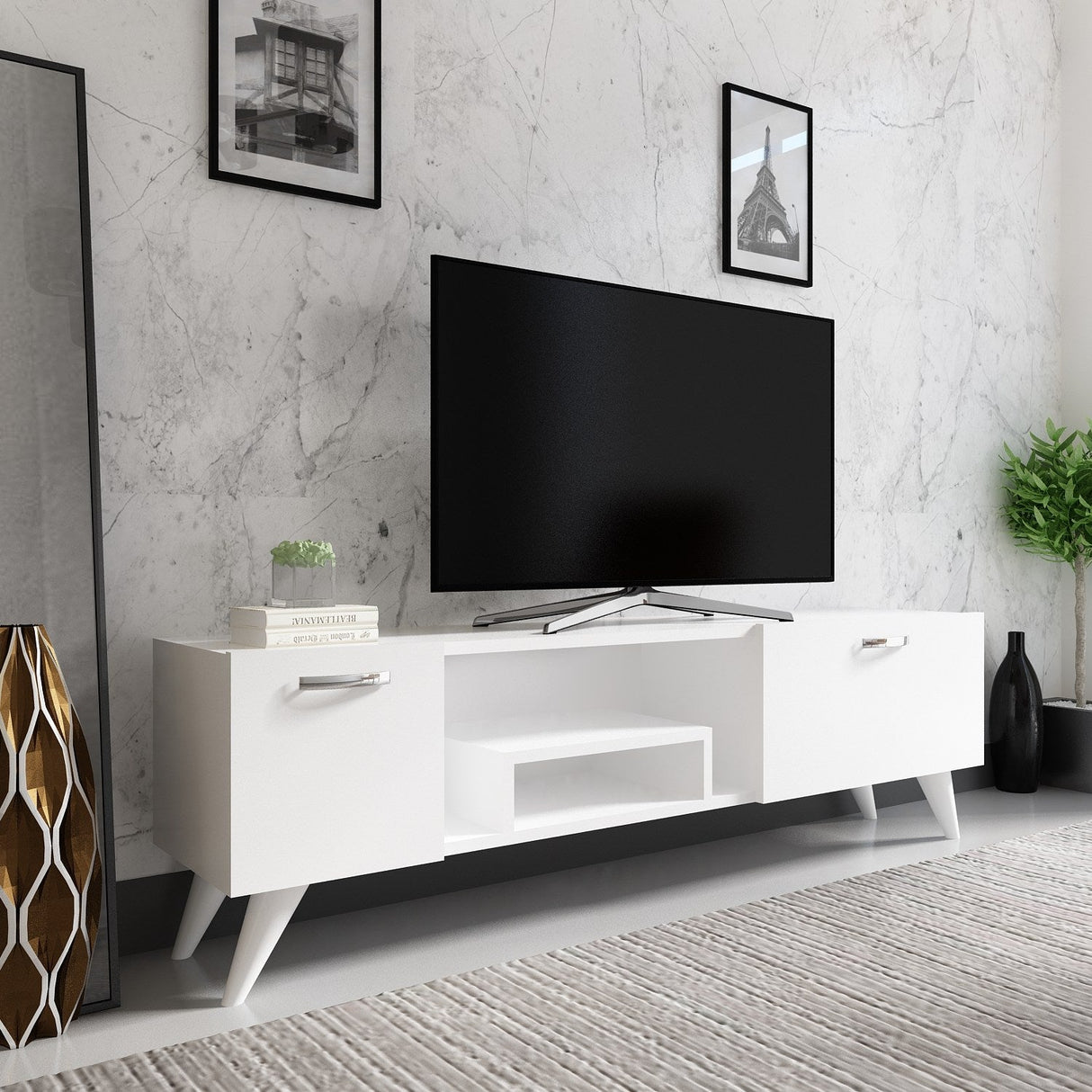 Comodă TV Irma, Diverse culori, 150x30x42 cm - Alb | SKU: 505CRL1710 | Comodă TV Irma, 150x30x42 cm, varianta Alb, produs pentru amenajarea locuinței, disponibil online în România la CasaMob